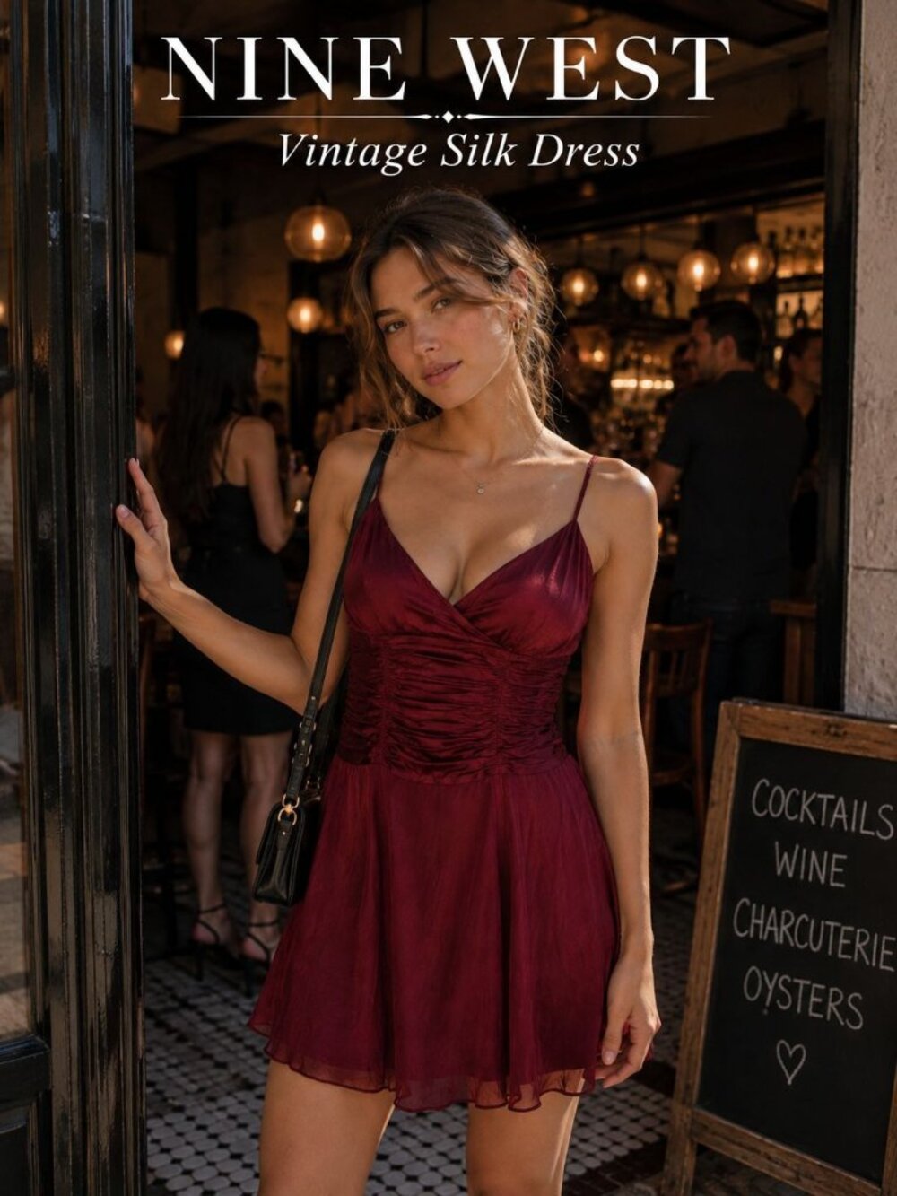 VTG Y2K 90s Nine West Silk Dress 8 Crimson Red Ruched Chiffon Slip Cocktail